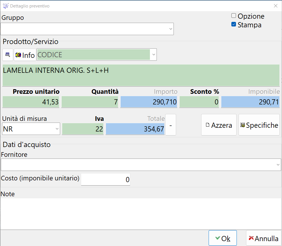 Preventivi - Voce di dettaglio